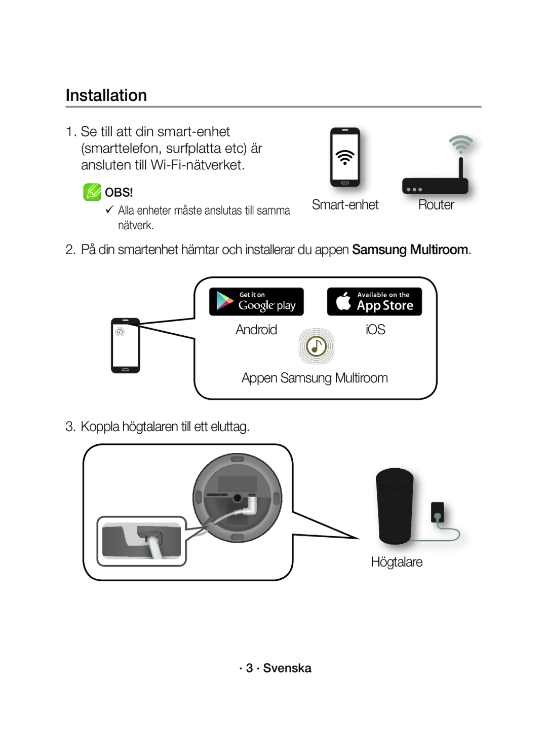 Samsung WAM1500/XE manual Smart-enhet, Högtalare, · 3 · Svenska 