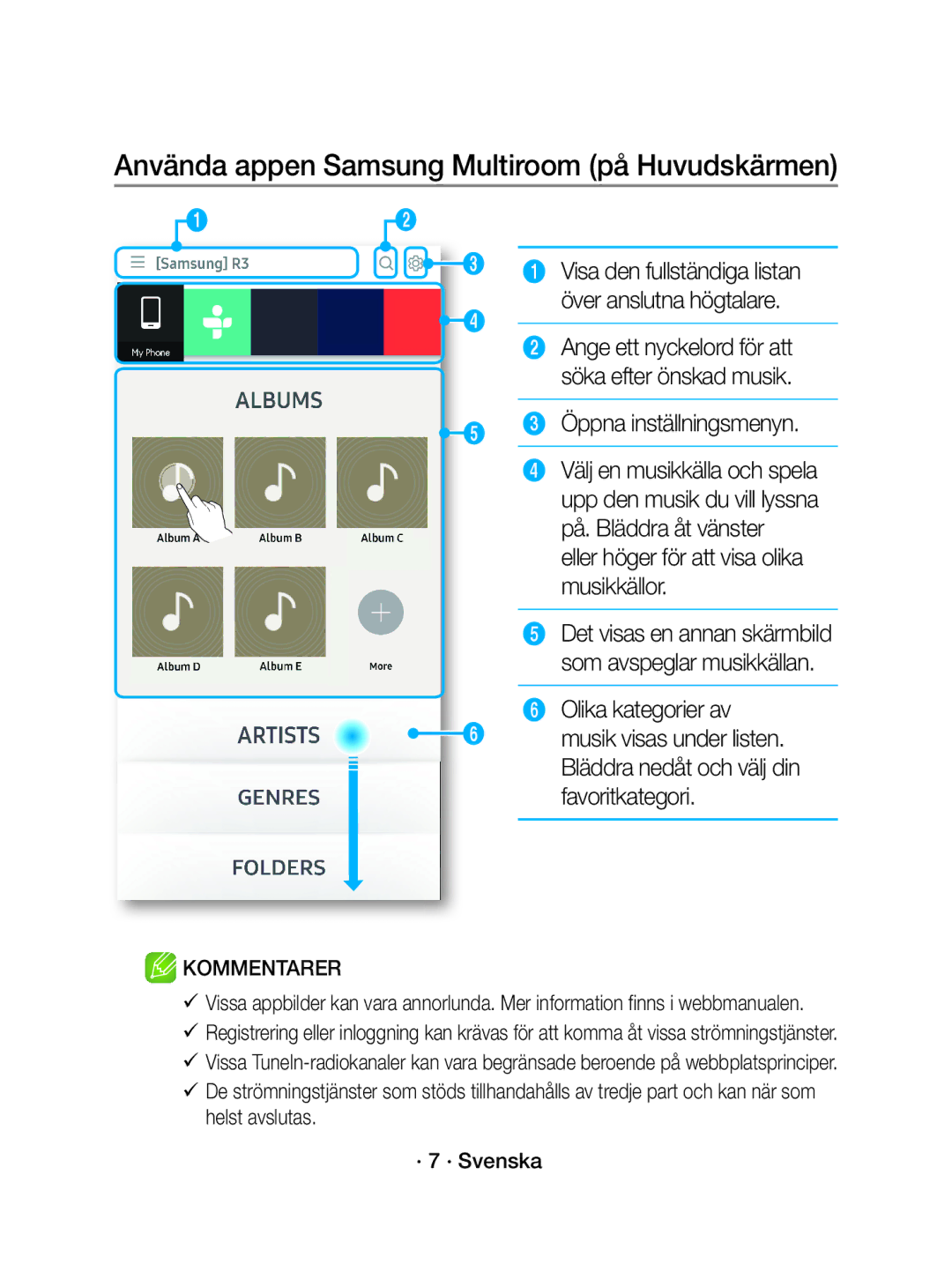 Samsung WAM1500/XE manual Använda appen Samsung Multiroom på Huvudskärmen, Öppna inställningsmenyn, Favoritkategori 