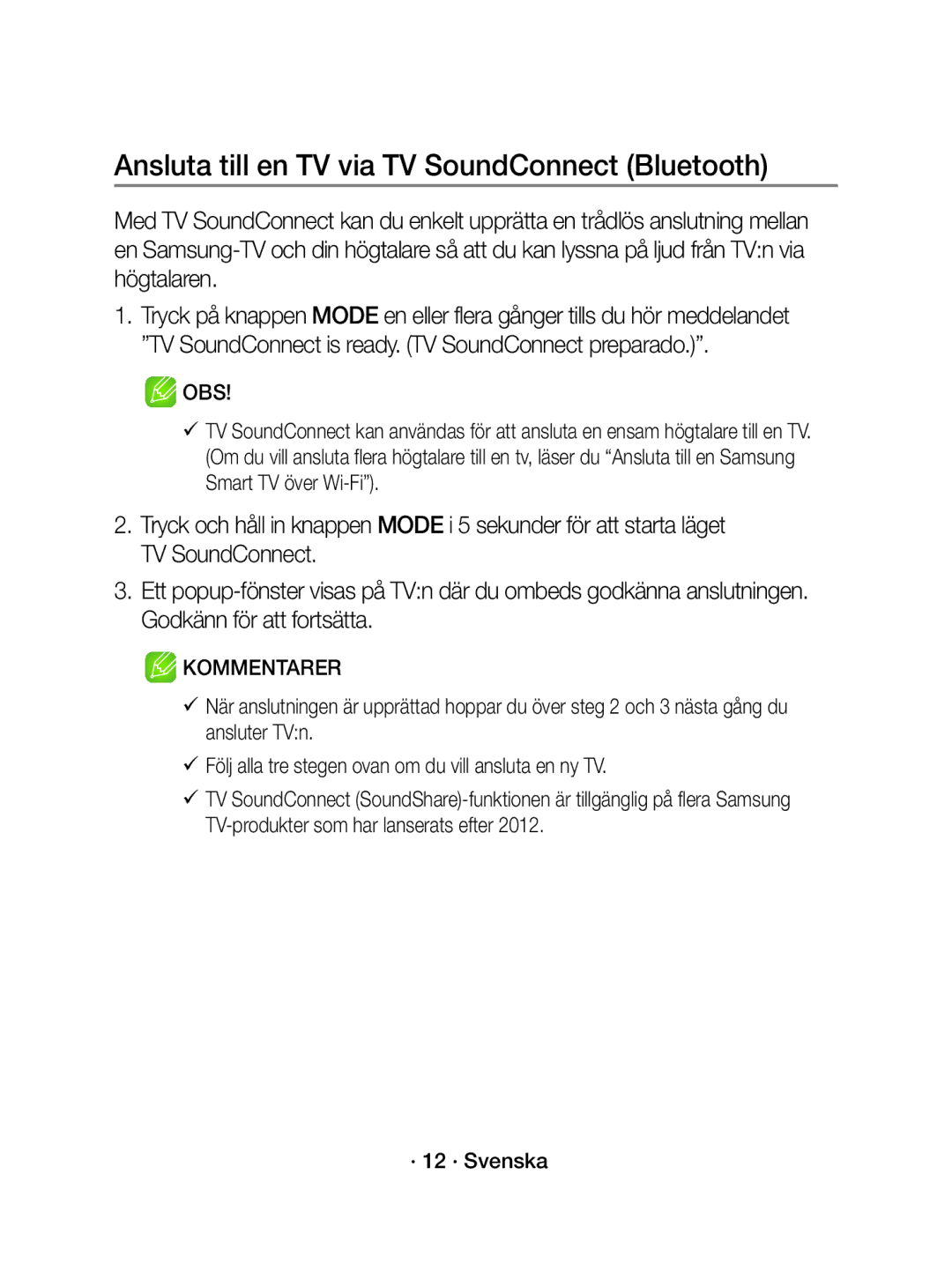 Samsung WAM1500/XE manual Ansluta till en TV via TV SoundConnect Bluetooth 