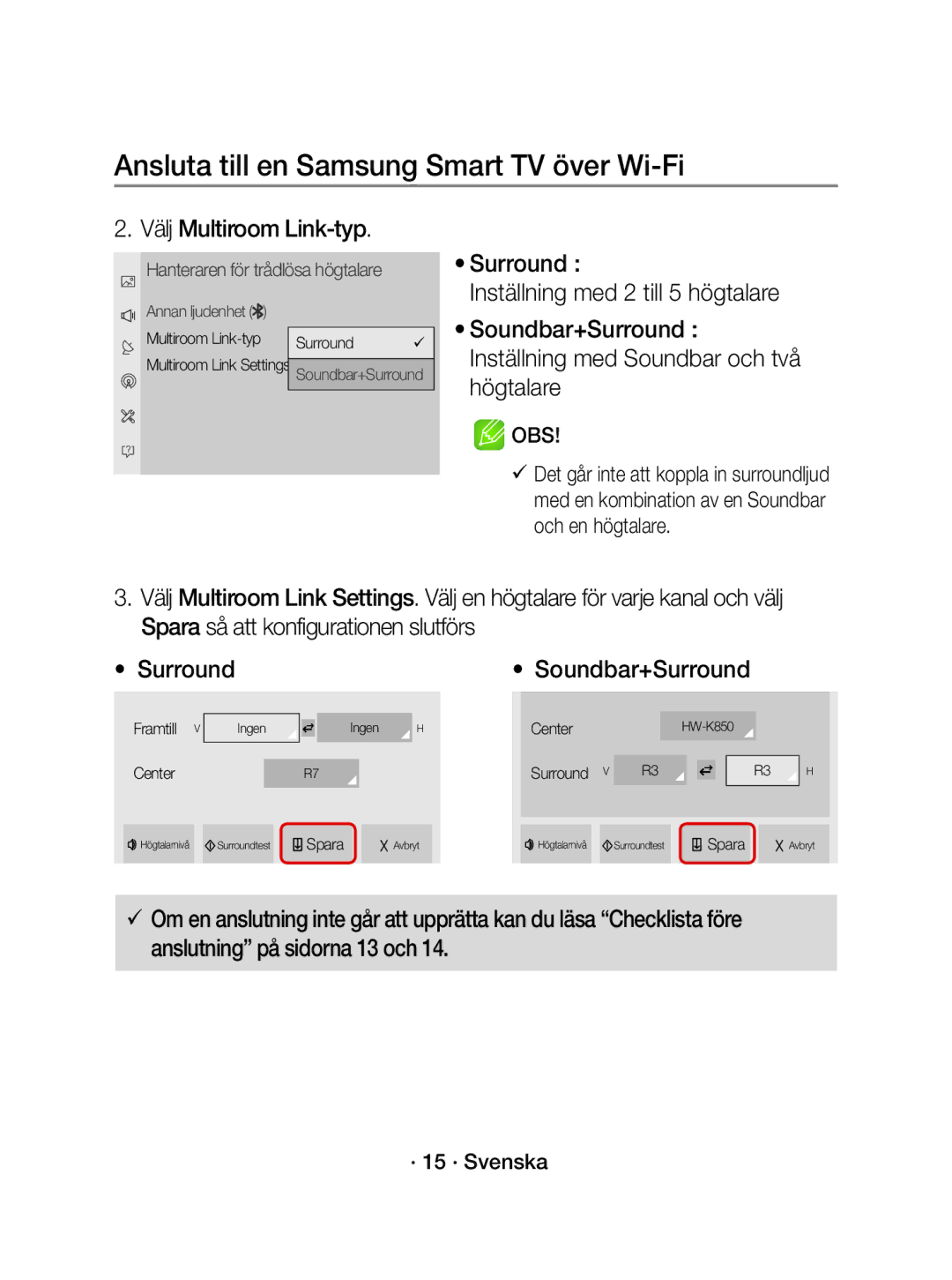 Samsung WAM1500/XE manual Välj Multiroom Link-typ, · 15 · Svenska 