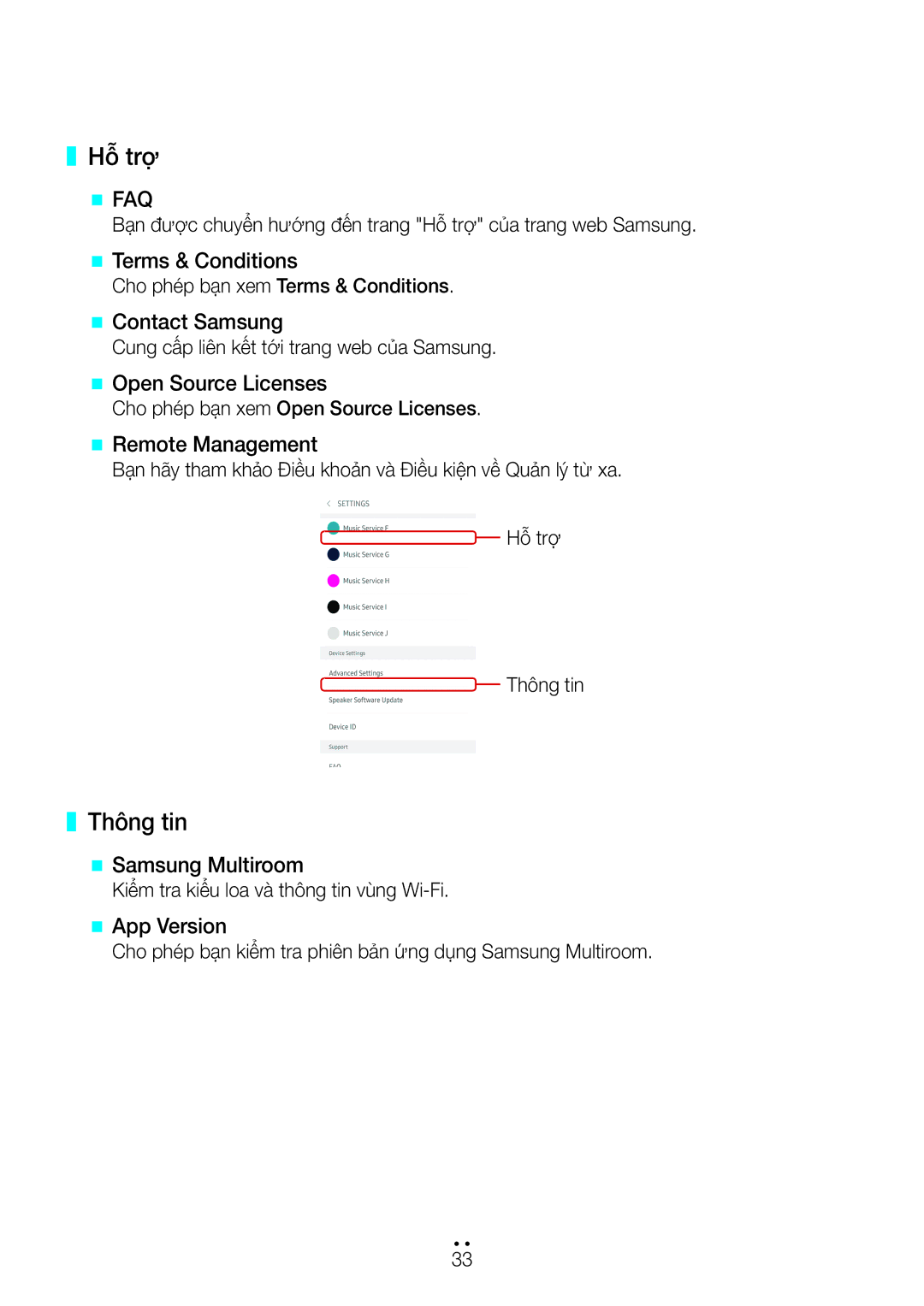 Samsung WAM3500/XV, WAM1500/XV manual Hỗ trơ, Thông tin, @@ Terms & Conditions, @@ Remote Management, @@ Samsung Multiroom 