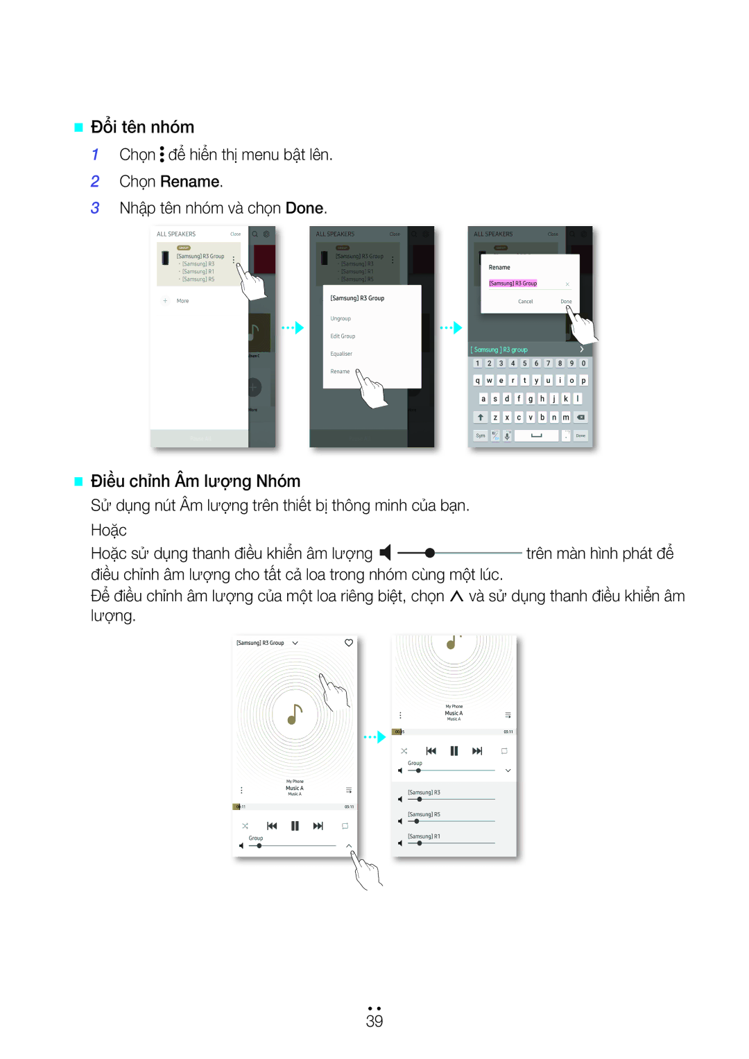 Samsung WAM3500/XV, WAM1500/XV manual @@ Đổi tên nhó́m, @@ Điều chỉ̉nh Âm lượng Nhó́m 