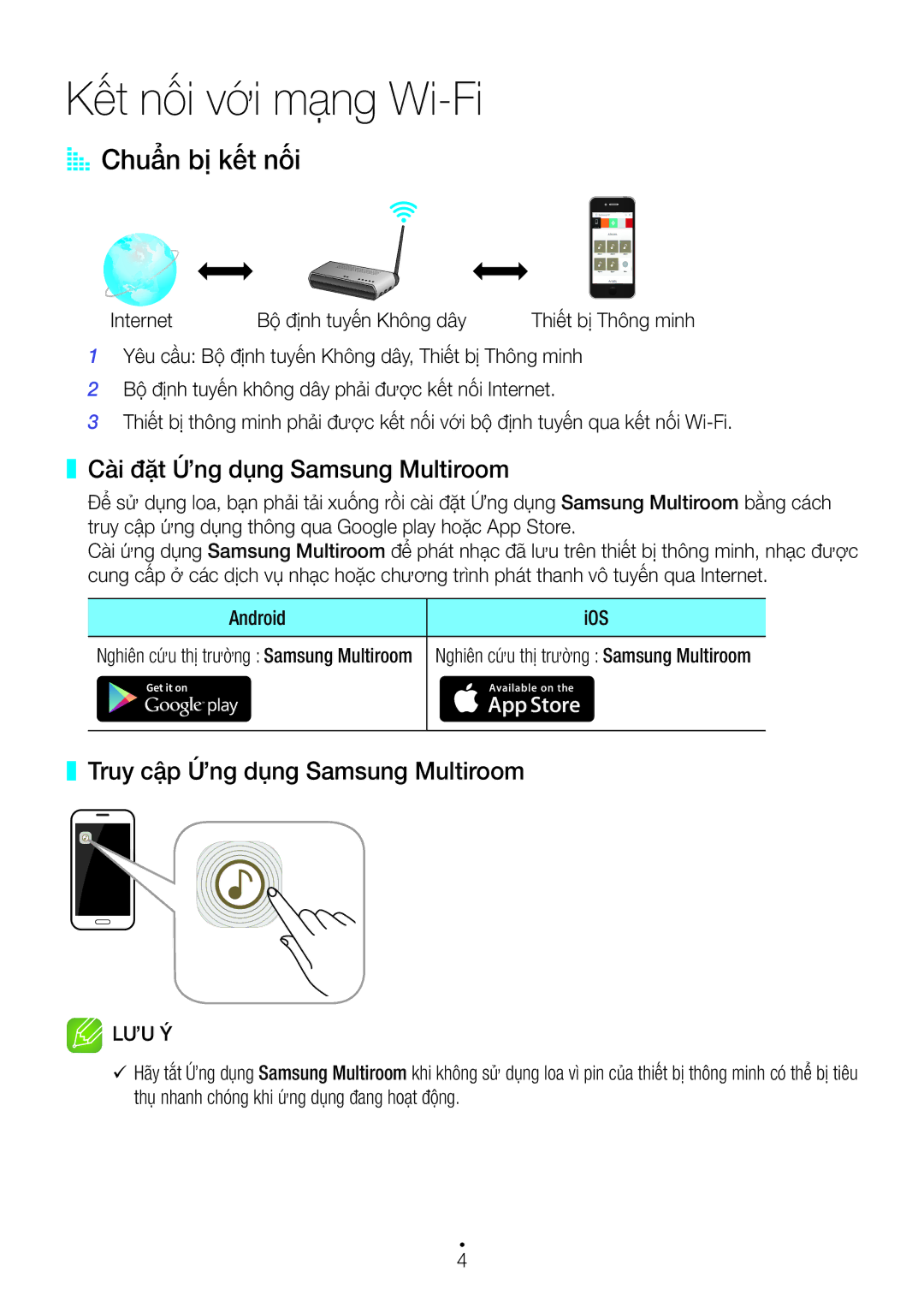 Samsung WAM1500/XV, WAM3500/XV manual Kết nối với mạng Wi-Fi, AA Chuẩn bị kết nối, Cài đặt Ưng dụng Samsung Multiroom 