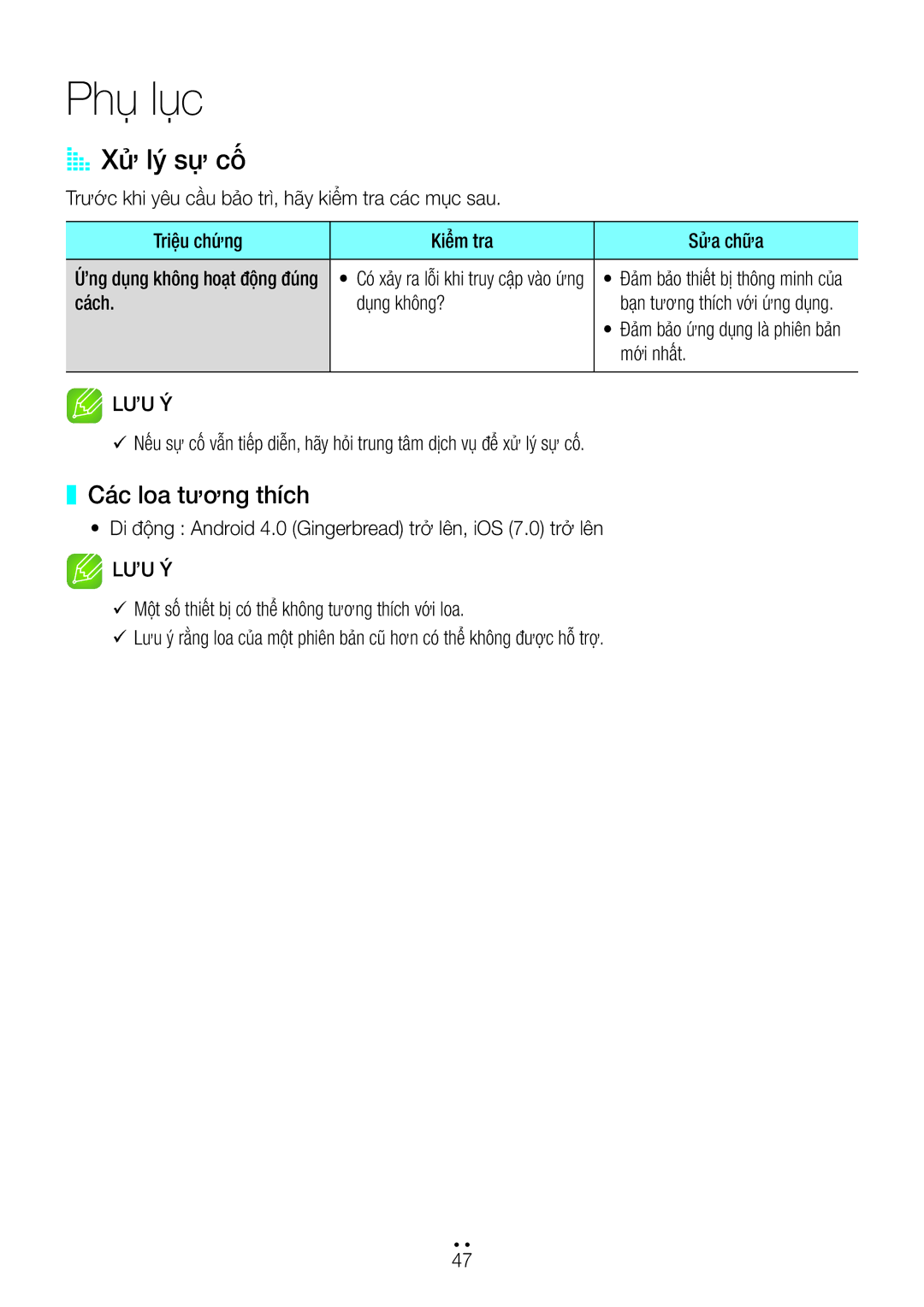 Samsung WAM3500/XV, WAM1500/XV manual Phu luc, AA Xư ly sư cô, Các loa tương thích 