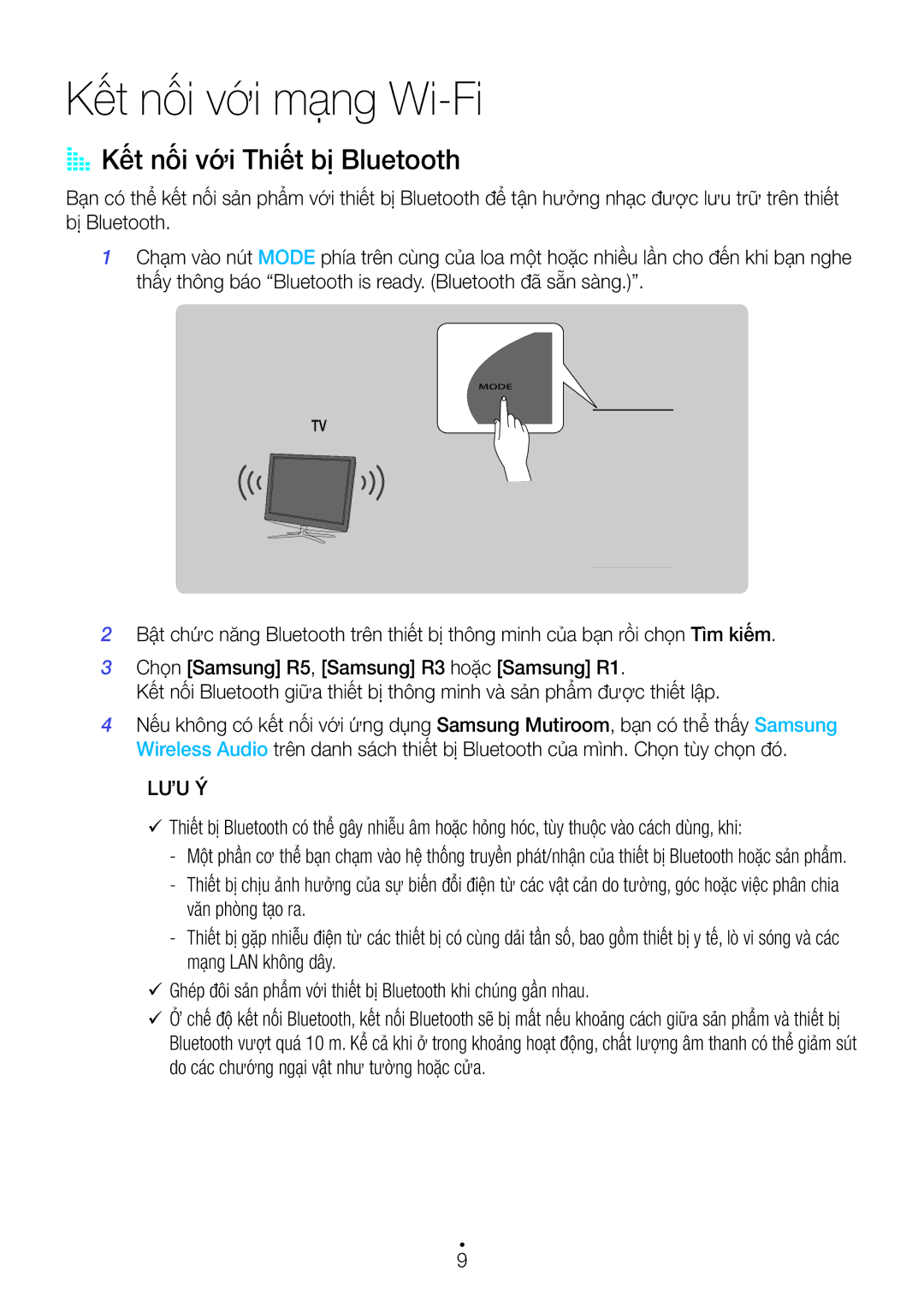 Samsung WAM3500/XV, WAM1500/XV manual Kết nối với mạng Wi-Fi, AA Kết nối với Thiết bị Bluetooth, Lưu Ý 