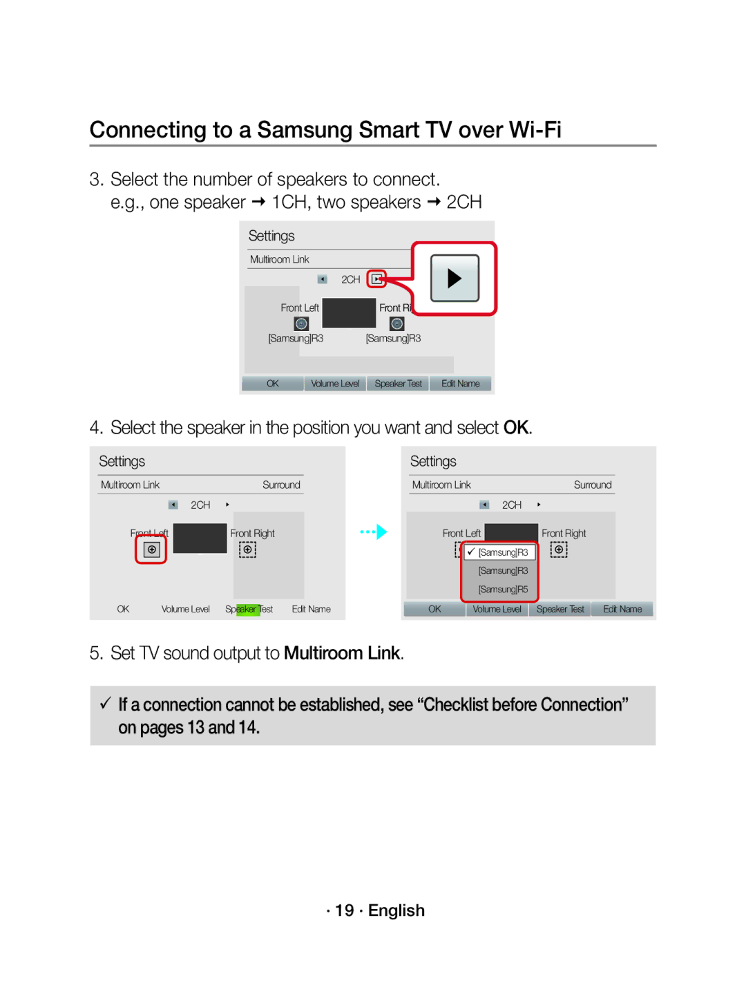 Samsung WAM1500/XV manual Select the speaker in the position you want and select OK, · 19 · English 