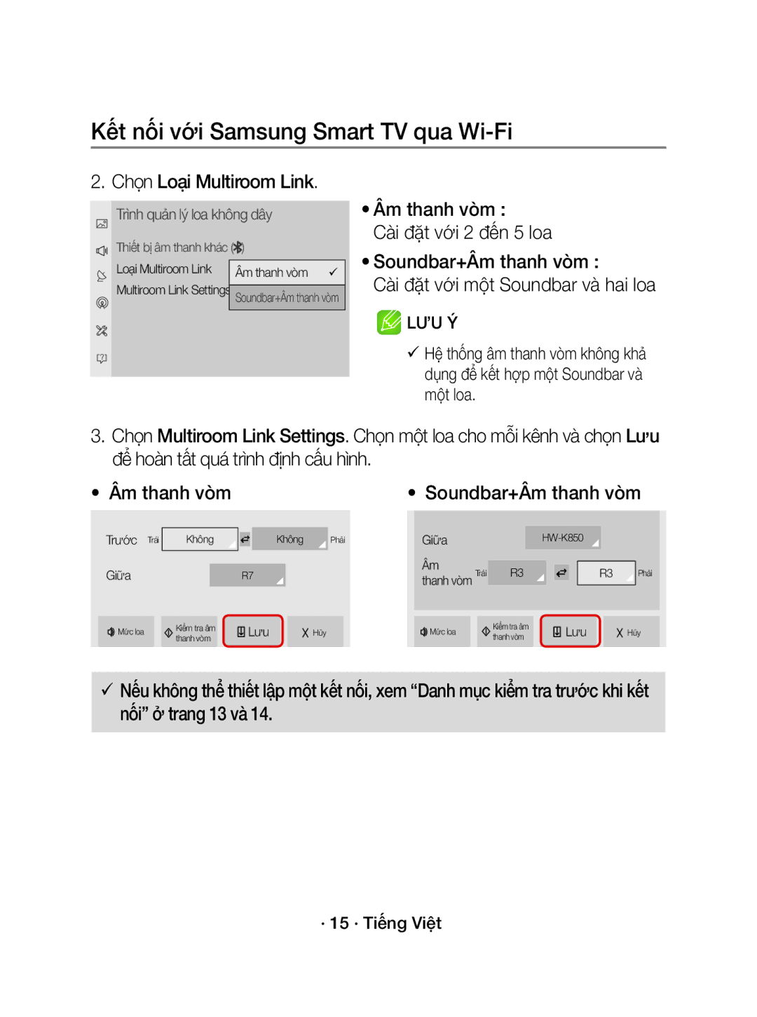 Samsung WAM1500/XV manual Chọn Loại Multiroom Link, · 15 · Tiếng Việt 