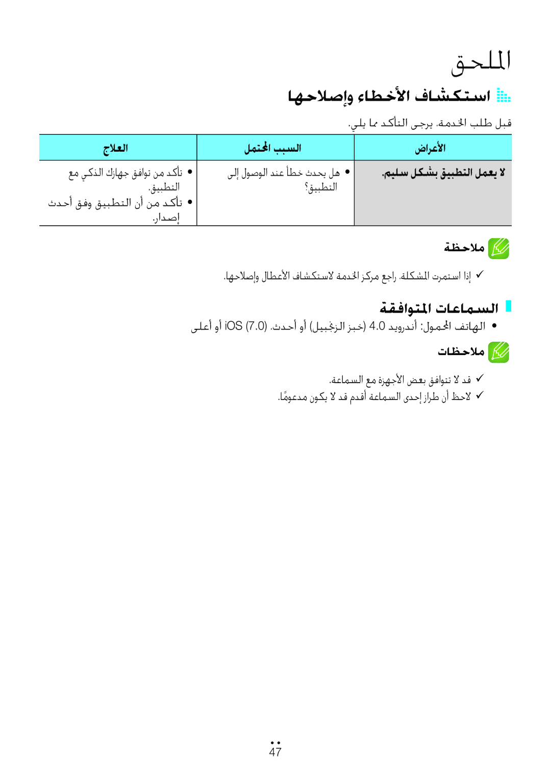 Samsung WAM3500/ZN, WAM1500/ZN manual قحللما, اهحلاصإو ءاطخلأا فاشكتساA a, ةقفاوتلما تاعامسلا 