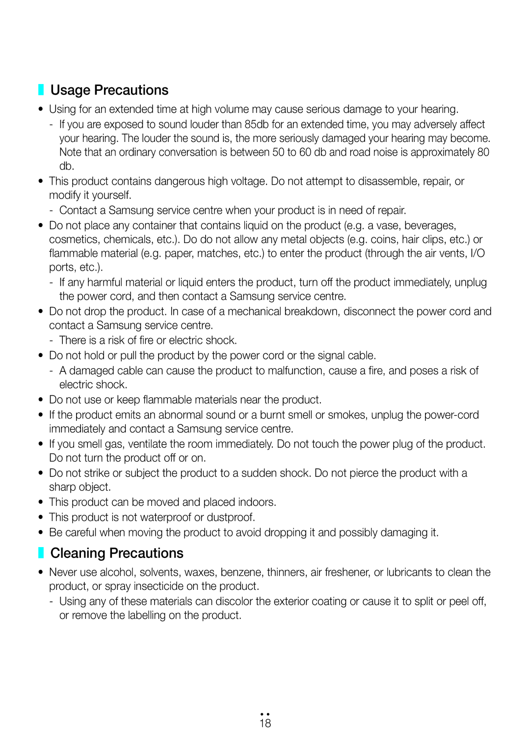 Samsung WAM1500/ZN, WAM3500/ZN manual Usage Precautions, Cleaning Precautions 