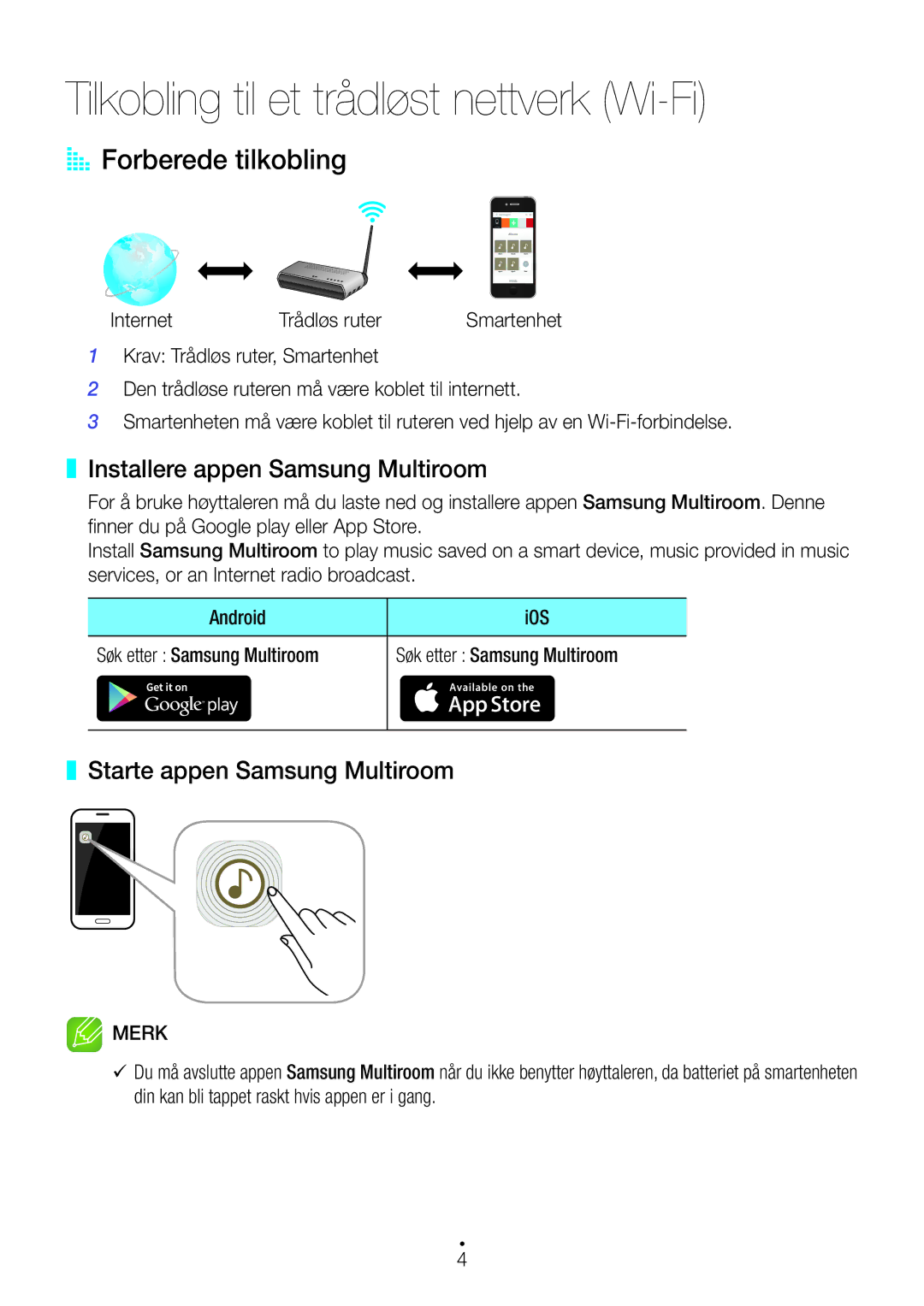 Samsung WAM5500/XE Tilkobling til et trådløst nettverk Wi-Fi, AA Forberede tilkobling, Installere appen Samsung Multiroom 