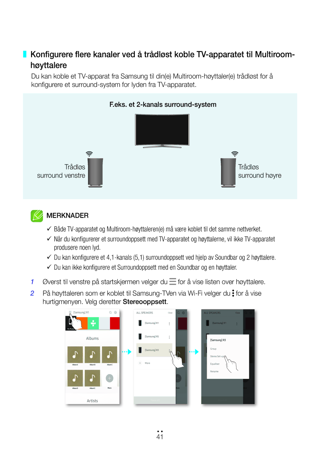 Samsung WAM3501/XE, WAM1501/XE, WAM1500/XE, WAM3500/XE, WAM5500/XE manual Surround venstre Surround høyre 