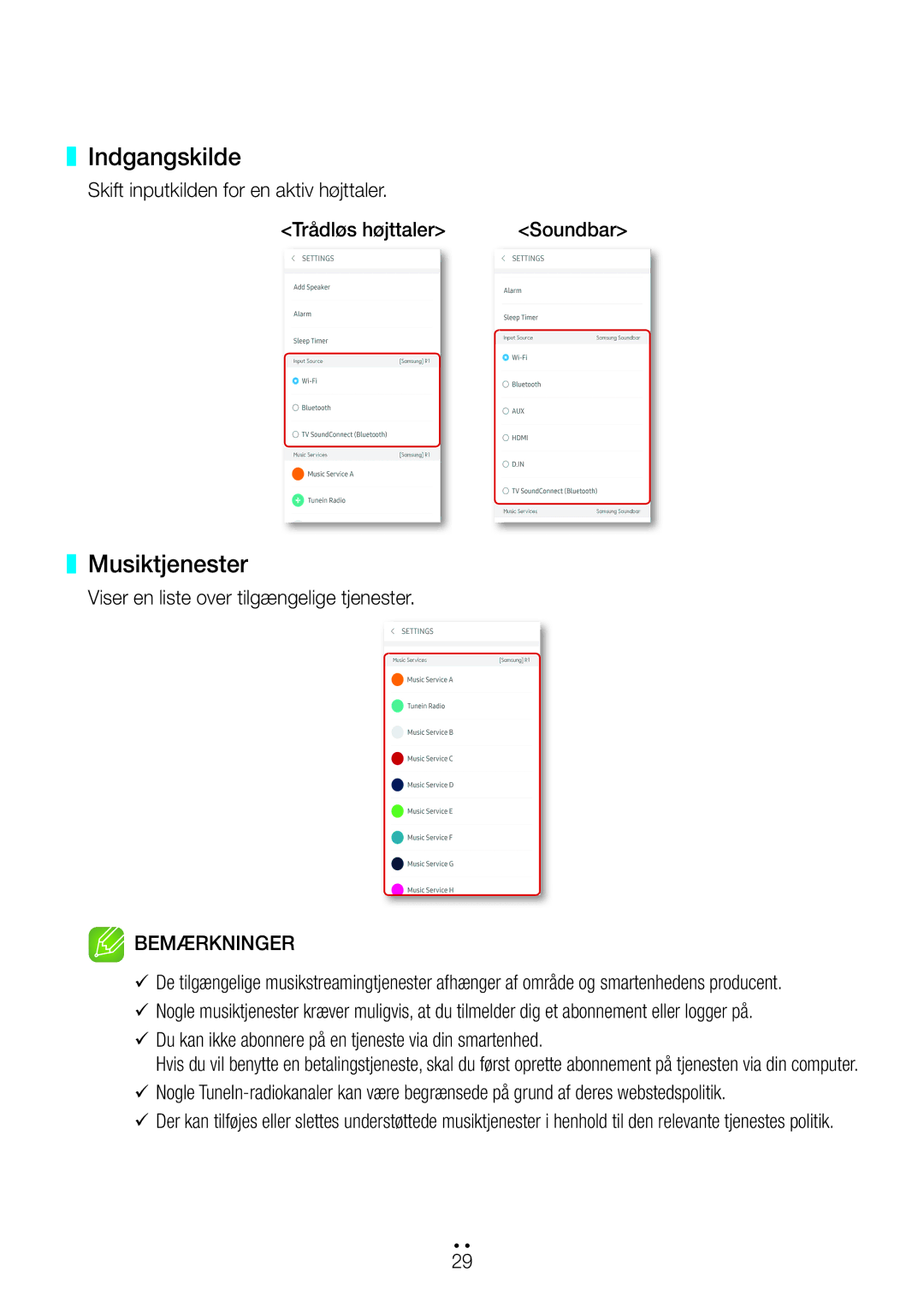 Samsung WAM5500/XE, WAM1501/XE, WAM3501/XE, WAM1500/XE, WAM3500/XE manual Indgangskilde, Musiktjenester 