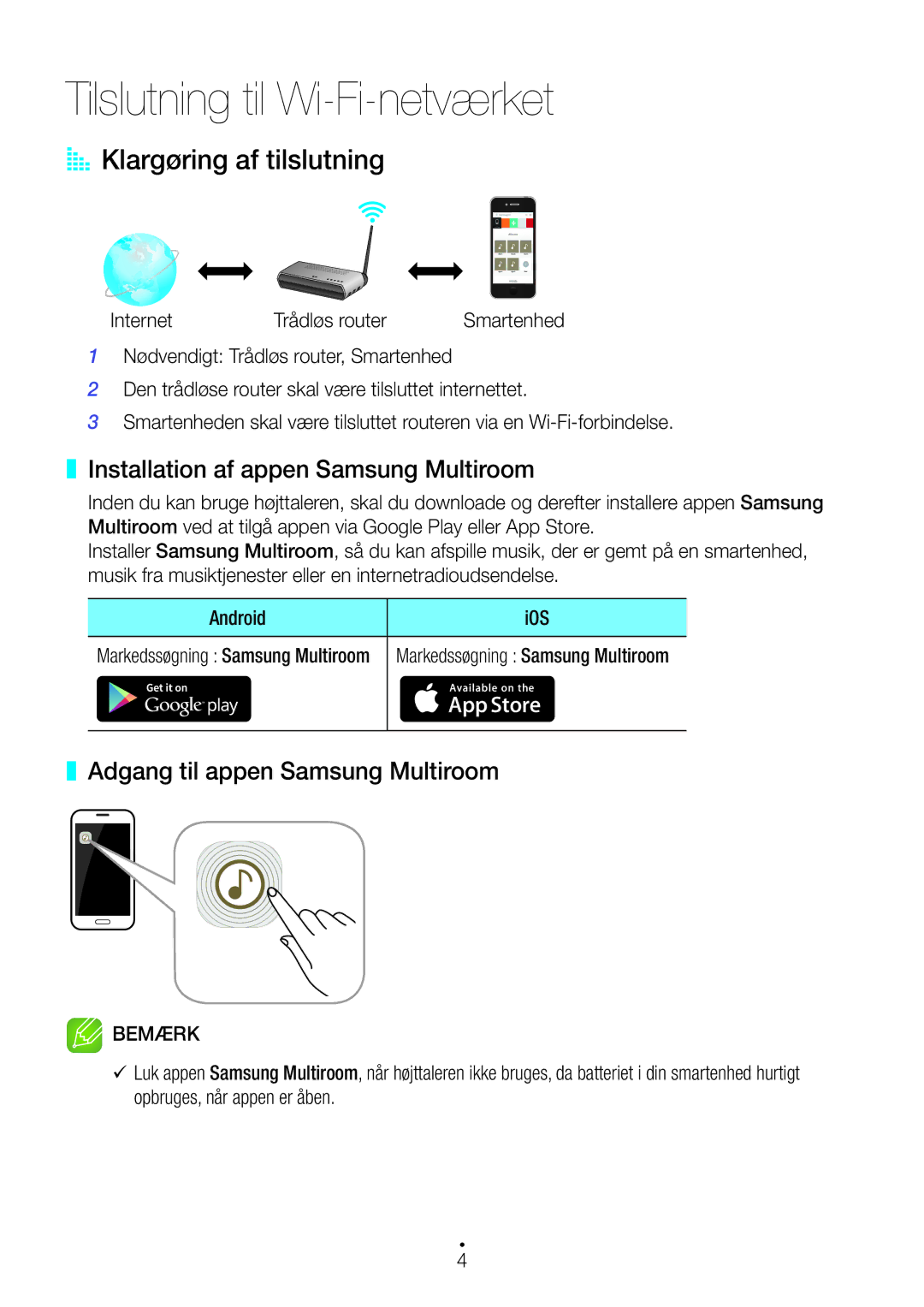 Samsung WAM5500/XE Tilslutning til Wi-Fi-netværket, AA Klargøring af tilslutning, Installation af appen Samsung Multiroom 