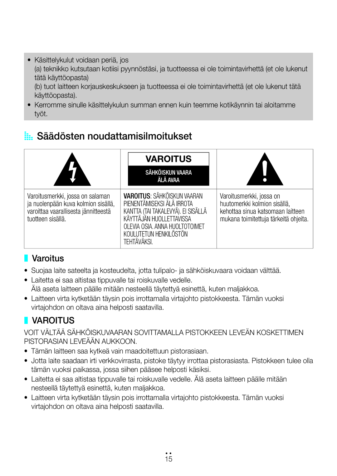 Samsung WAM1501/XE, WAM3501/XE, WAM1500/XE, WAM3500/XE, WAM5500/XE AA Säädösten noudattamisilmoitukset, Varoitus, Tehtäväksi 