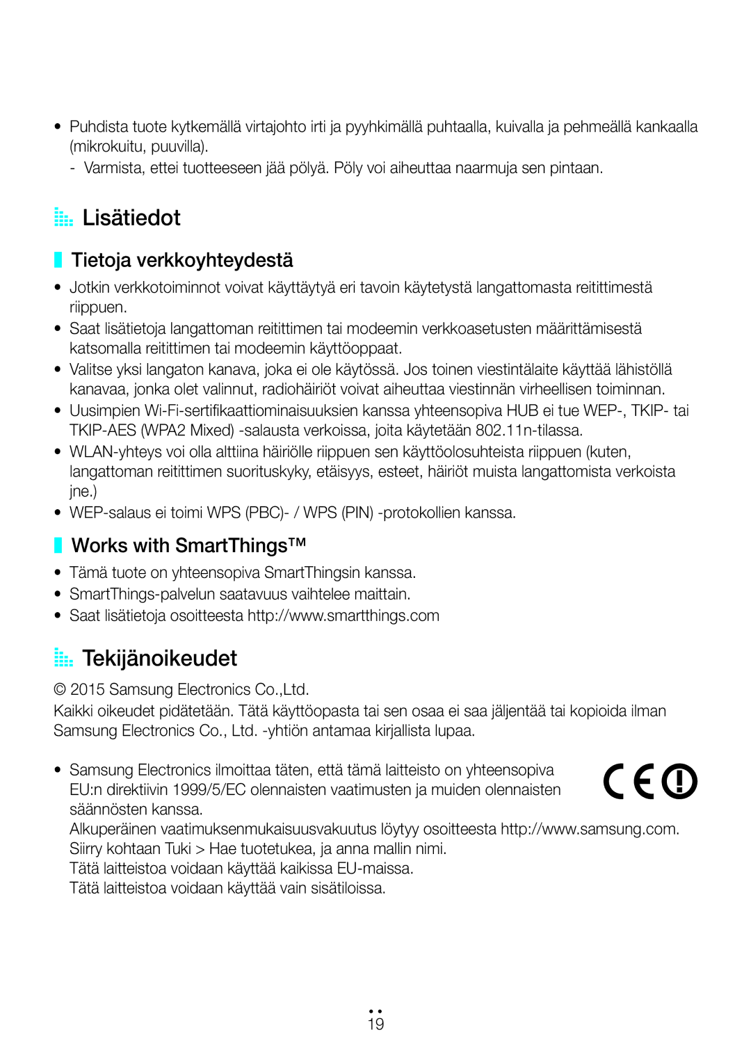 Samsung WAM5500/XE, WAM1501/XE manual AA Lisätiedot, AA Tekijänoikeudet, Tietoja verkkoyhteydestä, Works with SmartThings 