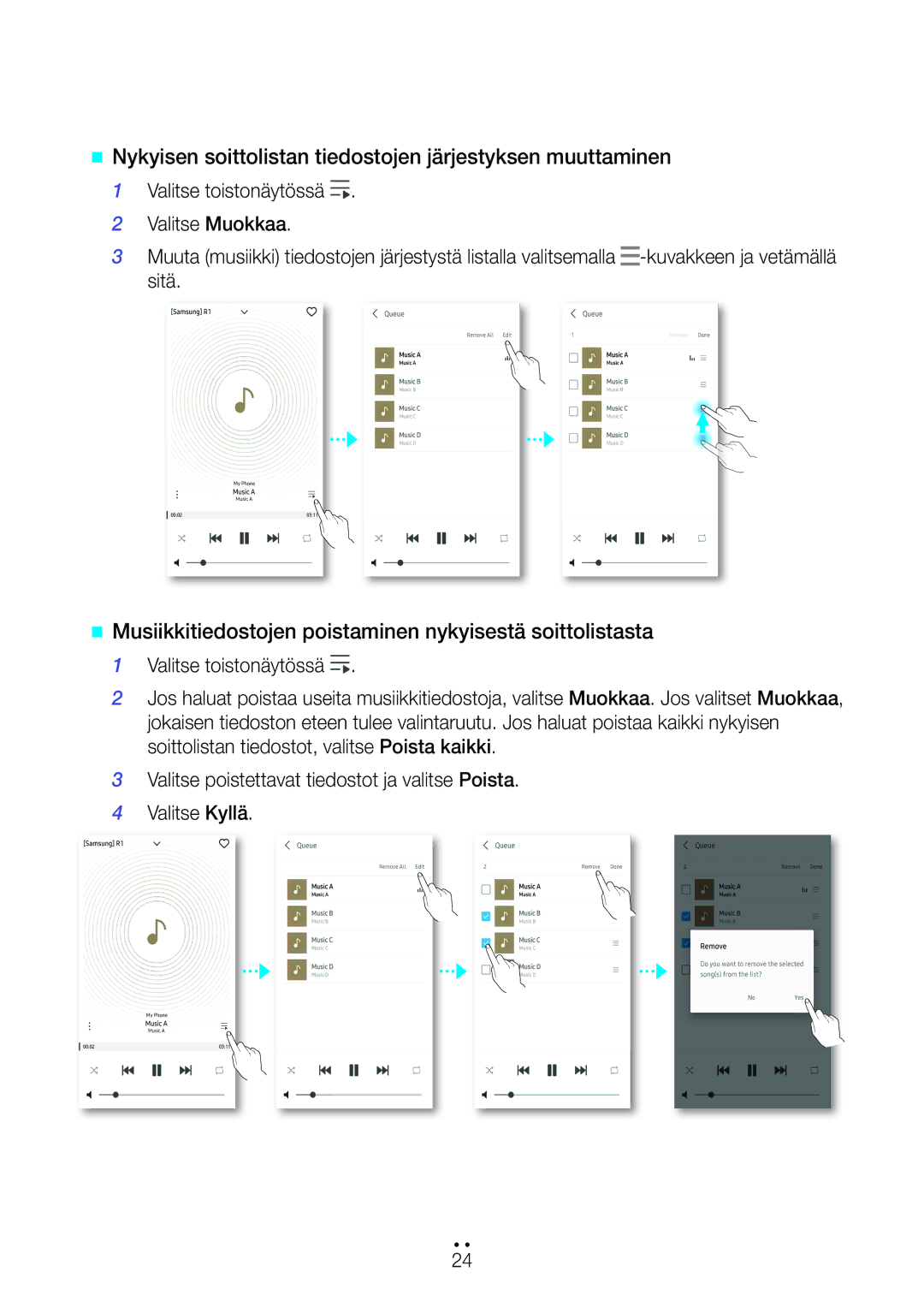 Samsung WAM5500/XE, WAM1501/XE, WAM3501/XE, WAM1500/XE manual @@ Musiikkitiedostojen poistaminen nykyisestä soittolistasta 