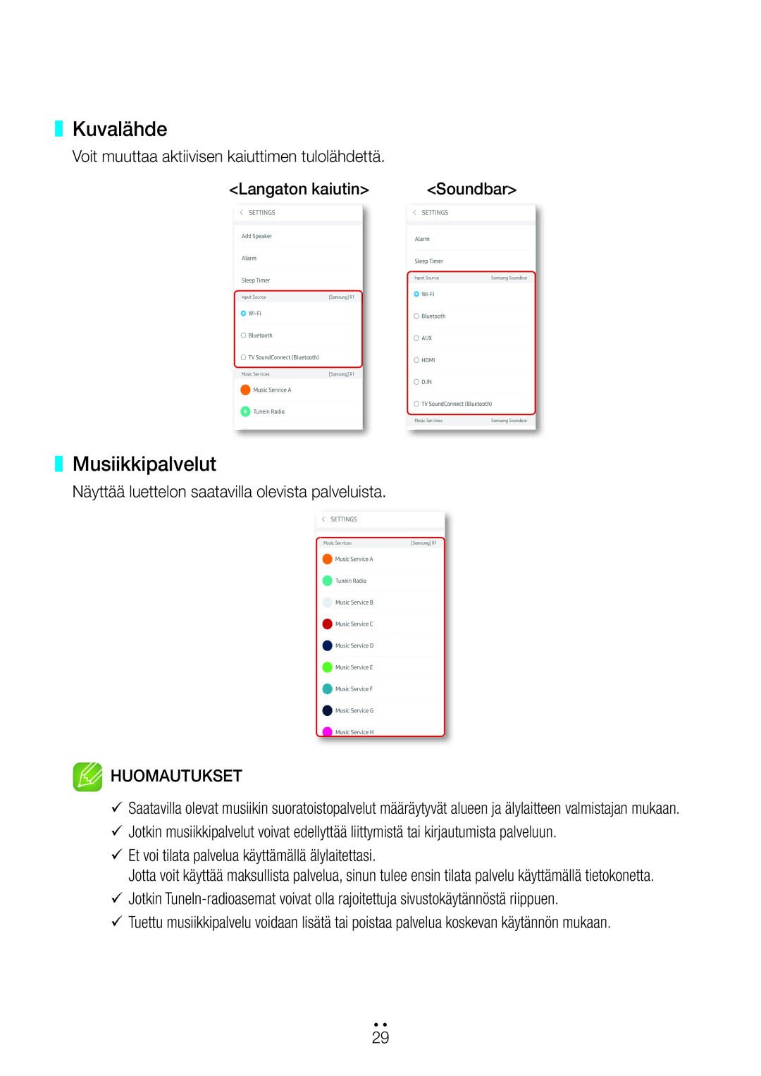 Samsung WAM5500/XE, WAM1501/XE, WAM3501/XE, WAM1500/XE, WAM3500/XE manual Kuvalähde, Musiikkipalvelut 