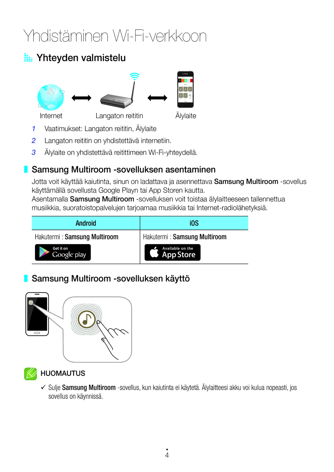 Samsung WAM5500/XE manual Yhdistäminen Wi-Fi-verkkoon, AA Yhteyden valmistelu, Samsung Multiroom -sovelluksen asentaminen 