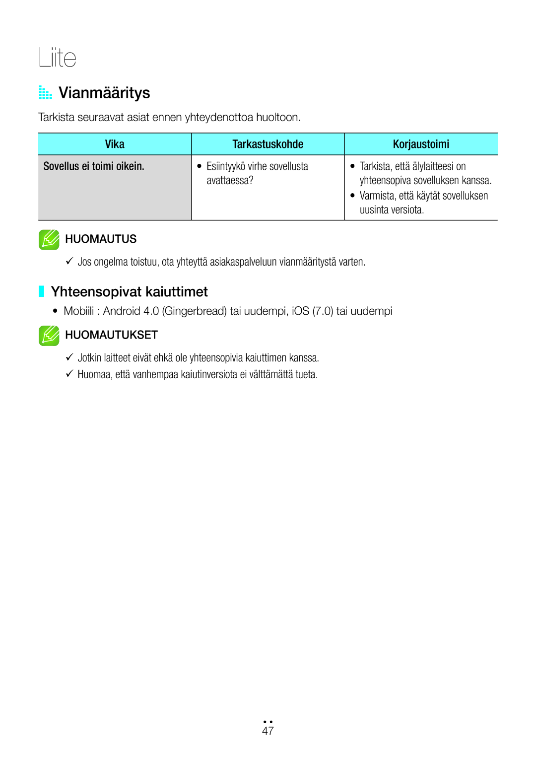 Samsung WAM1500/XE, WAM1501/XE, WAM3501/XE, WAM3500/XE, WAM5500/XE manual Liite, AA Vianmääritys, Yhteensopivat kaiuttimet 