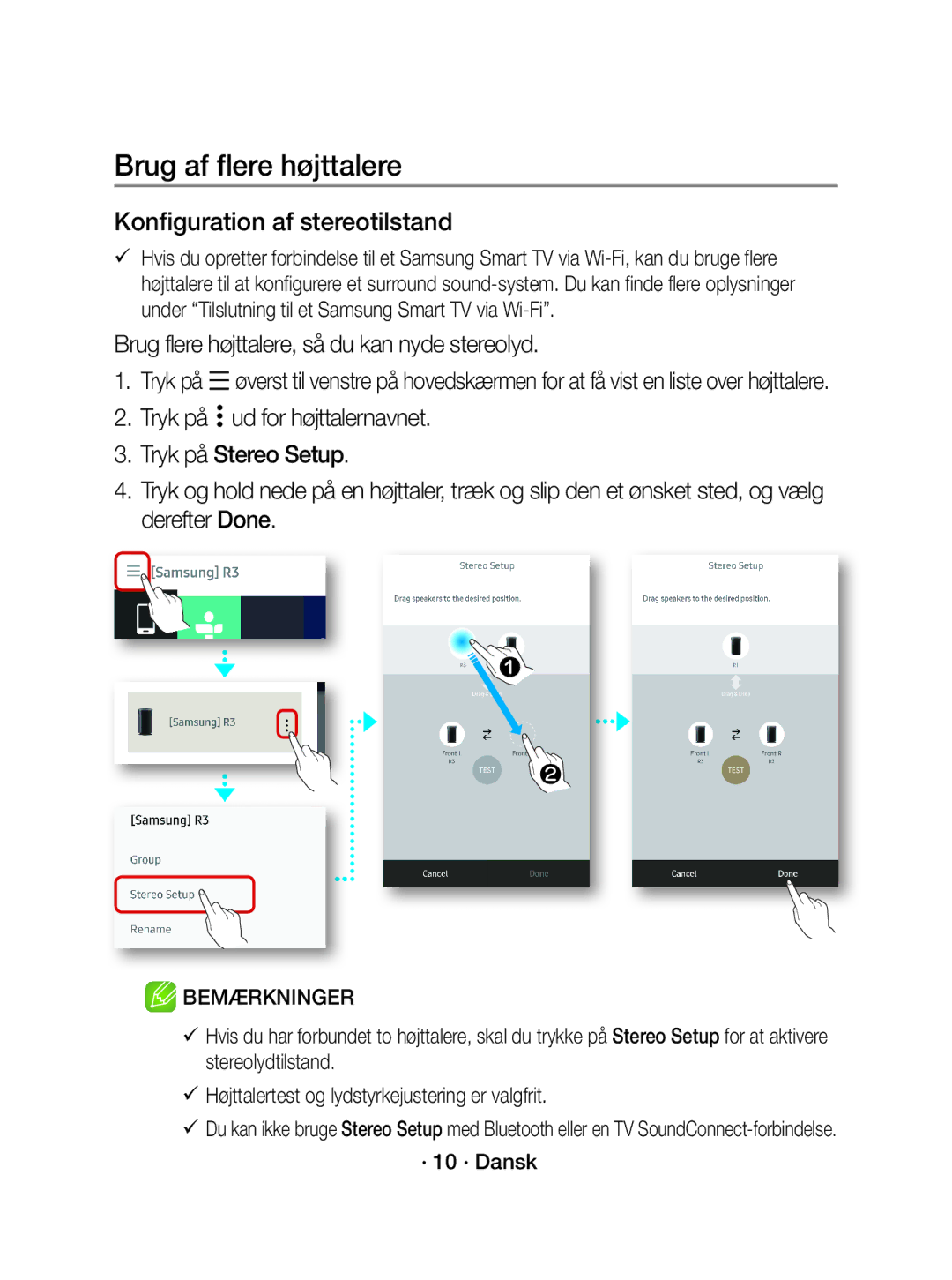 Samsung WAM1501/XE manual Konfiguration af stereotilstand, Brug flere højttalere, så du kan nyde stereolyd, · 10 · Dansk 