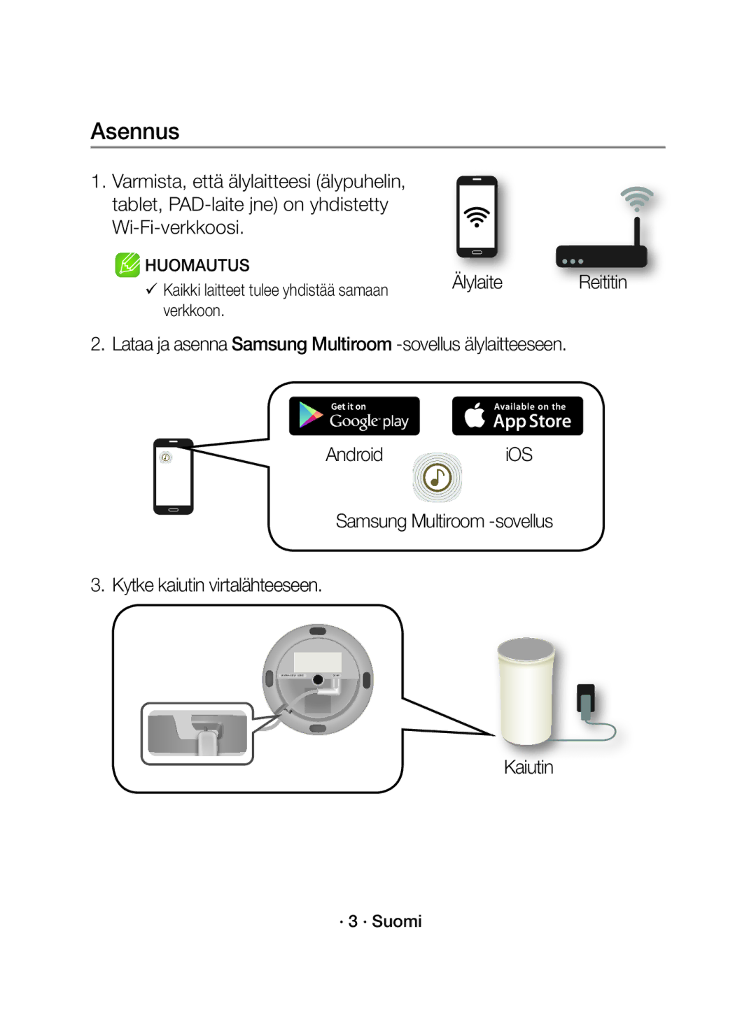 Samsung WAM1501/XE manual Asennus, Älylaite, Kaiutin 