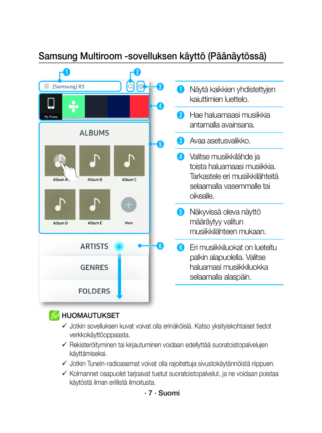 Samsung WAM1501/XE manual Samsung Multiroom -sovelluksen käyttö Päänäytössä, Avaa asetusvalikko 