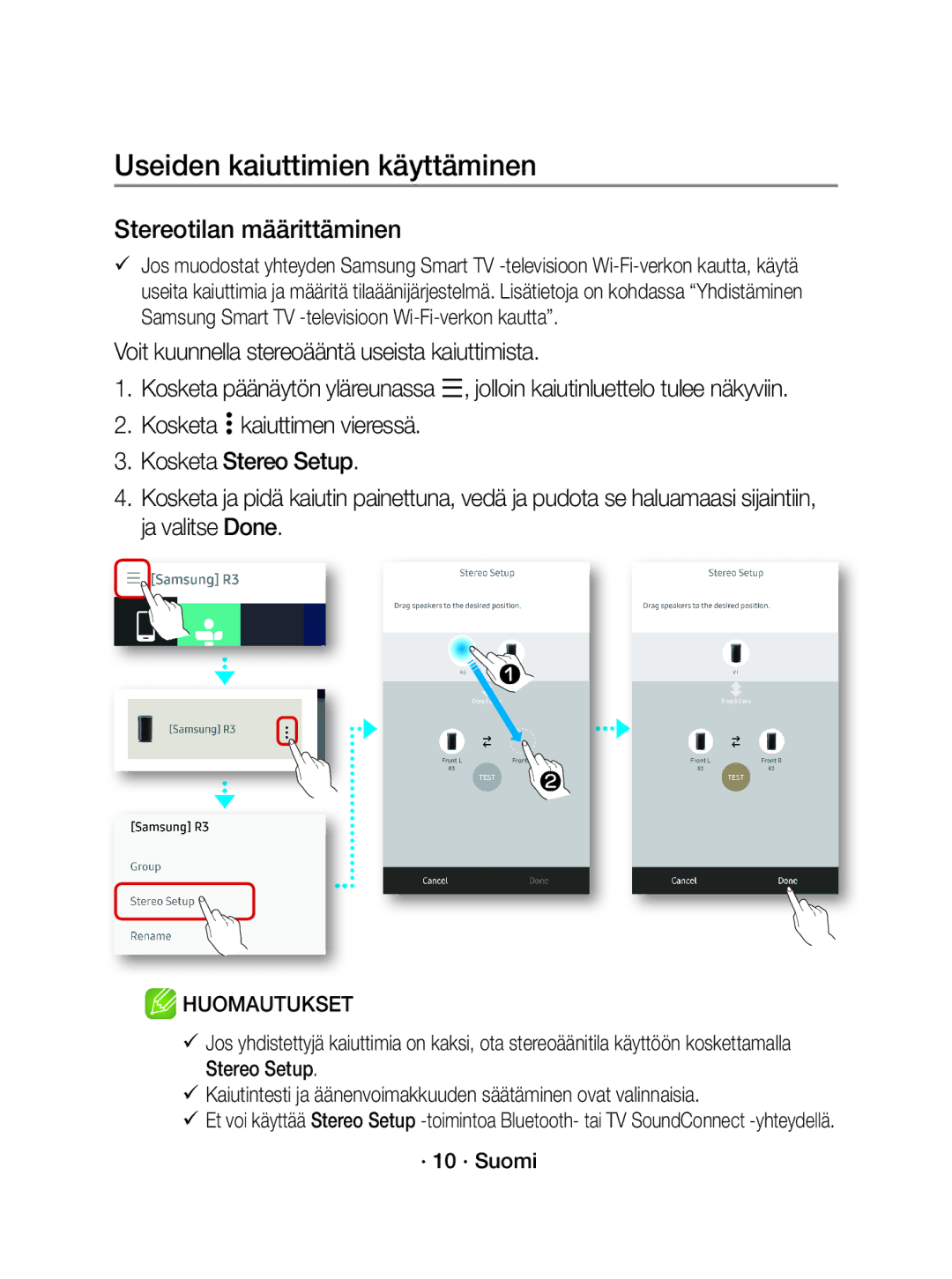 Samsung WAM1501/XE manual Stereotilan määrittäminen, Voit kuunnella stereoääntä useista kaiuttimista, · 10 · Suomi 