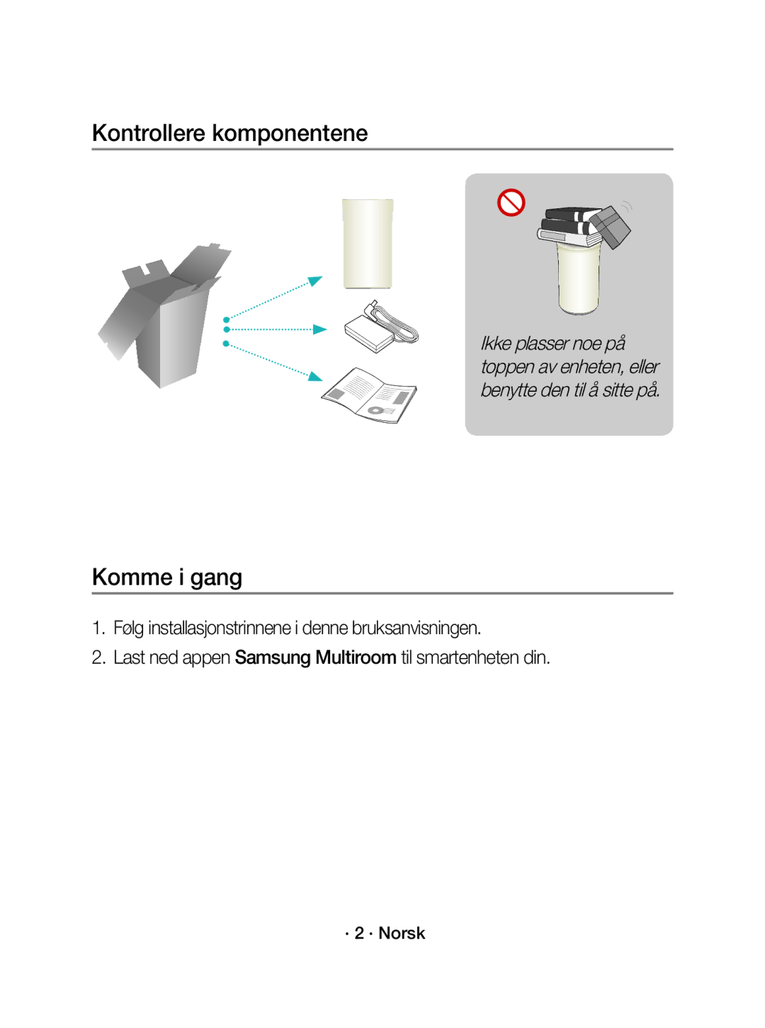 Samsung WAM1501/XE manual Kontrollere komponentene, Komme i gang, · 2 · Norsk 