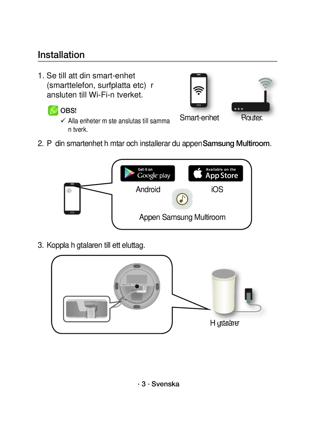 Samsung WAM1501/XE manual Smart-enhet, · 3 · Svenska 