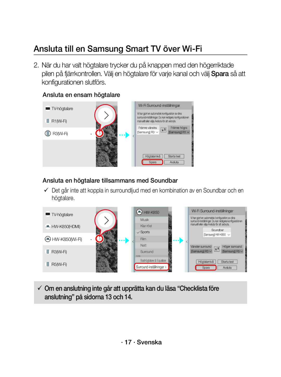 Samsung WAM1501/XE manual Ansluta en ensam högtalare, · 17 · Svenska 