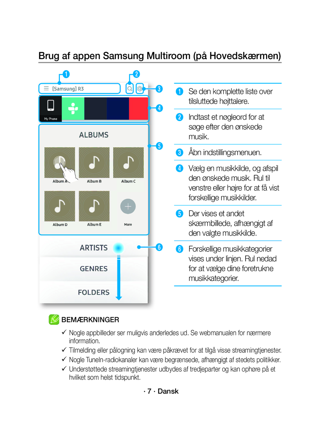 Samsung WAM1501/XE manual Brug af appen Samsung Multiroom på Hovedskærmen 