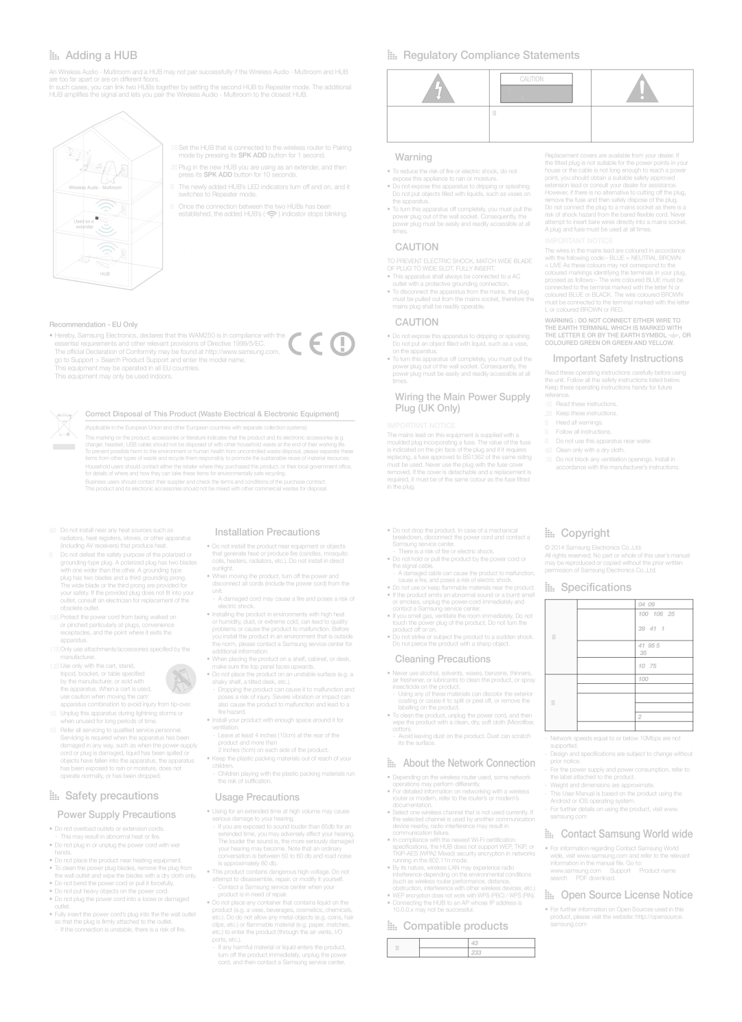 Samsung WAM250/XN, WAM250/EN, WAM250/ZF AA Regulatory Compliance Statements, AA Safety precautions, AA Compatible products 