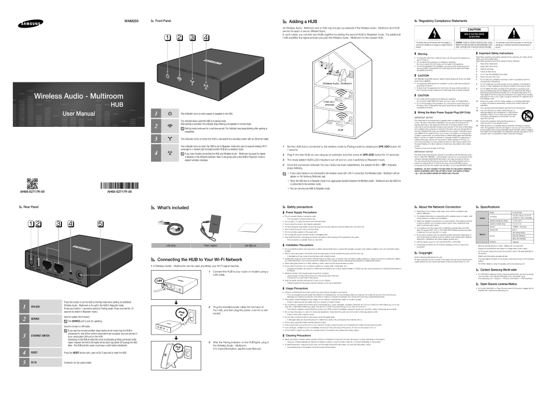 Samsung WAM250/SQ manual AA Front Panel, AA Regulatory Compliance Statements, AH68-02717R-00, AA Rear Panel, Plug 