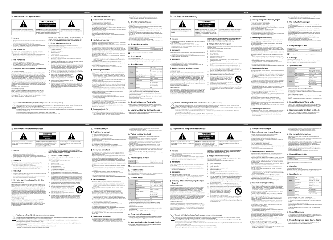 Samsung WAM250/XE manual AA Meddelande om regelefterlevnad, AA Säkerhetsföreskrifter, AA Om nätverksanslutningen 