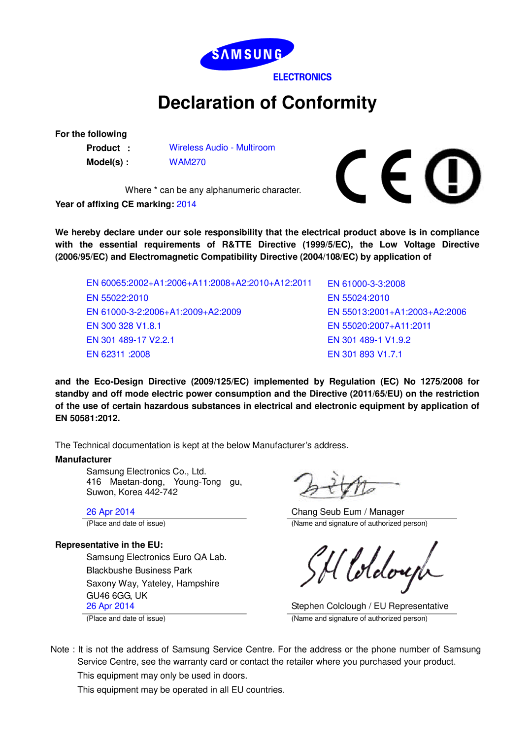 Samsung WAM270/ZF, WAM270/EN, WAM270/XE manual Declaration of Conformity, For the following, Models WAM270, Manufacturer 