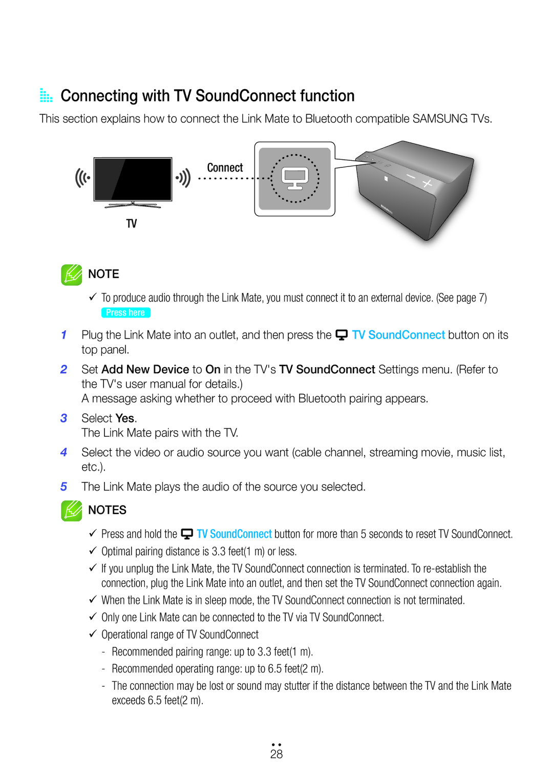 Samsung WAM270/ZF manual AA Connecting with TV SoundConnect function, Plug the Link Mate into an outlet, and then press 