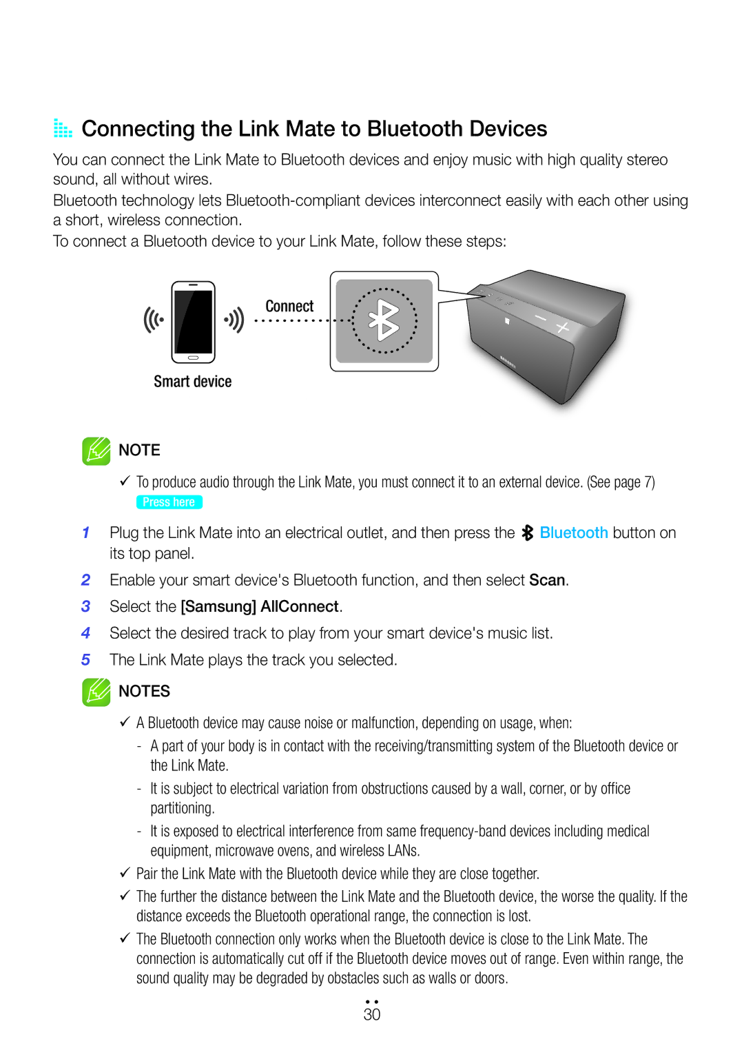 Samsung WAM270/EN, WAM270/ZF, WAM270/XE manual AA Connecting the Link Mate to Bluetooth Devices 