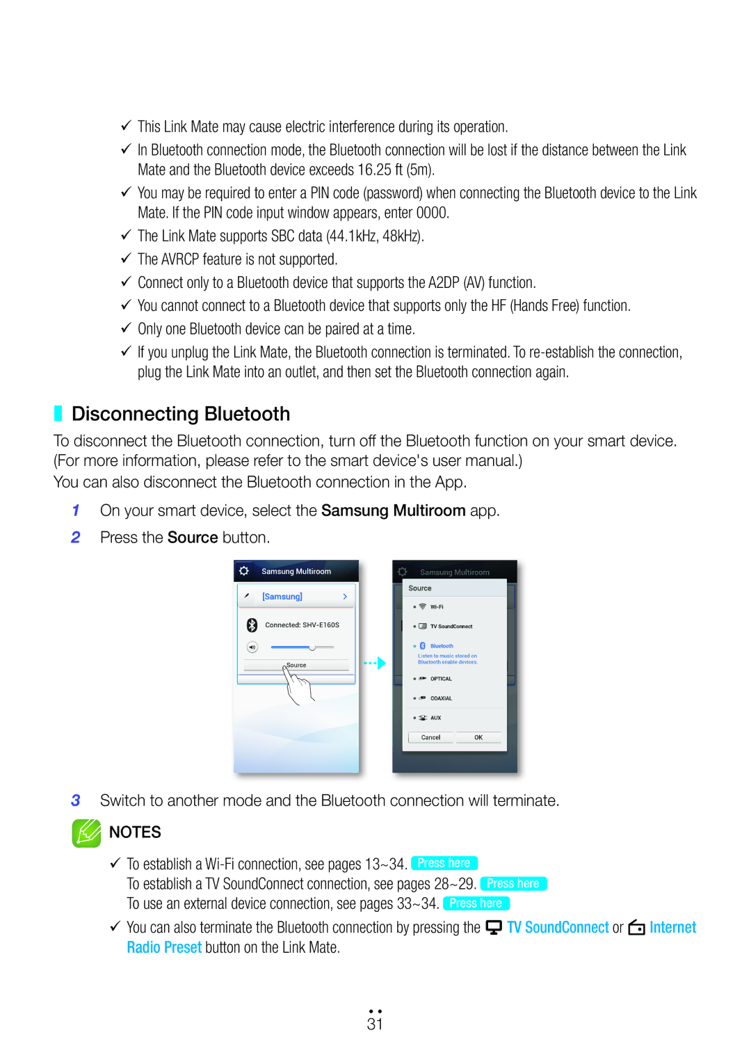 Samsung WAM270/ZF, WAM270/EN, WAM270/XE manual Disconnecting Bluetooth, 99Only one Bluetooth device can be paired at a time 