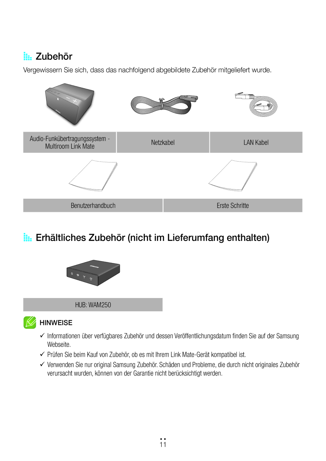 Samsung WAM270/EN manual AA Zubehör, AA Erhältliches Zubehör nicht im Lieferumfang enthalten 