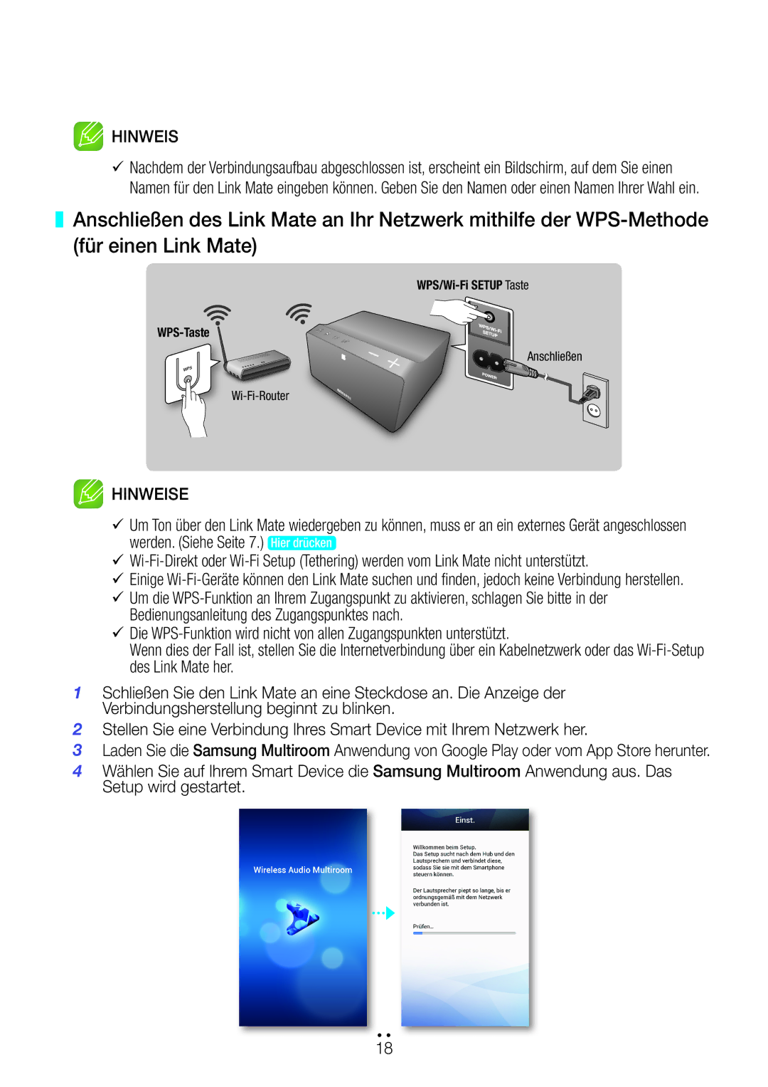 Samsung WAM270/EN manual WPS/Wi-Fi Setup Taste WPS-Taste 