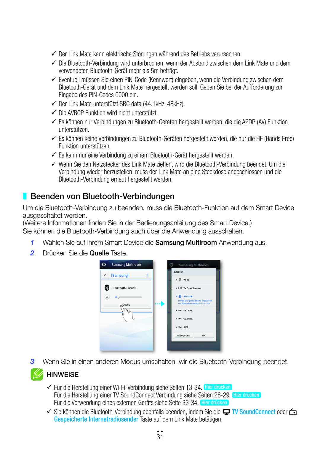 Samsung WAM270/EN manual Beenden von Bluetooth-Verbindungen 