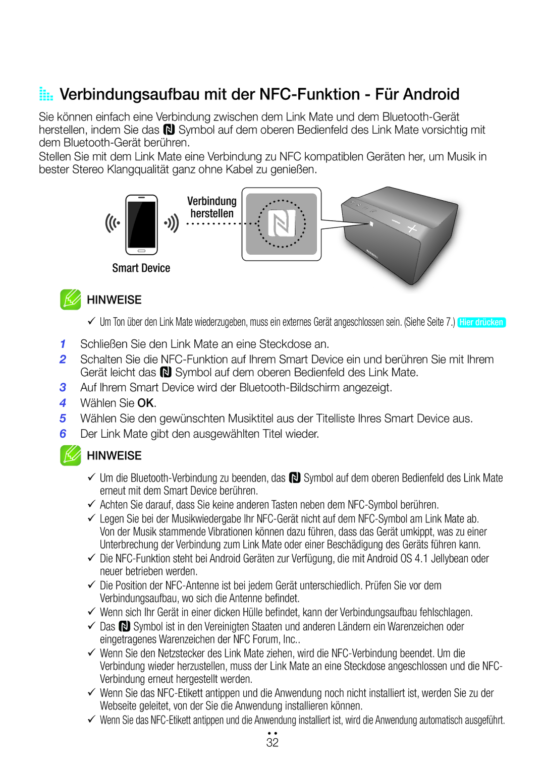 Samsung WAM270/EN manual AA Verbindungsaufbau mit der NFC-Funktion Für Android, Erneut mit dem Smart Device berühren, 9Das 