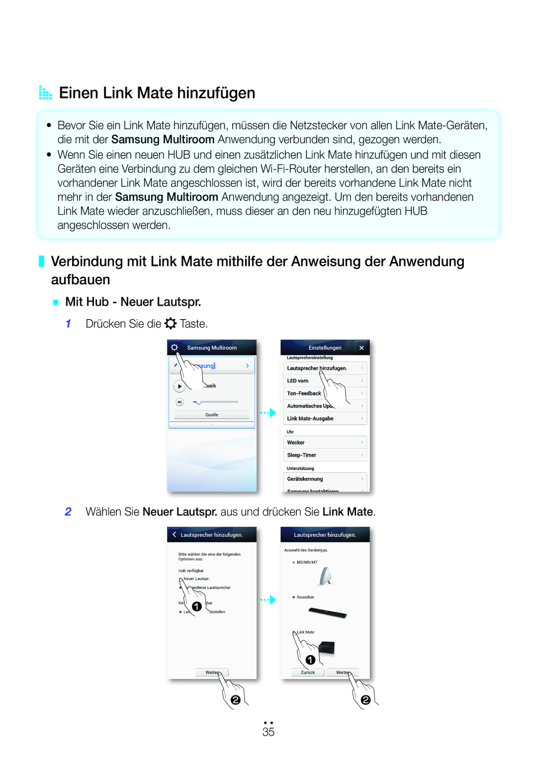 Samsung WAM270/EN manual AA Einen Link Mate hinzufügen, `` Mit Hub Neuer Lautspr 