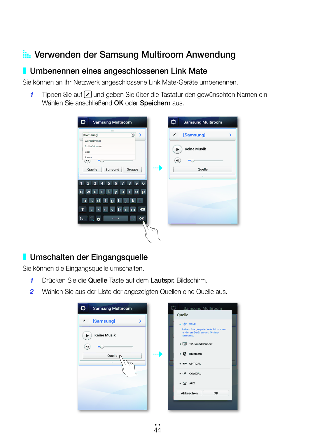 Samsung WAM270/EN manual AA Verwenden der Samsung Multiroom Anwendung, Umbenennen eines angeschlossenen Link Mate 