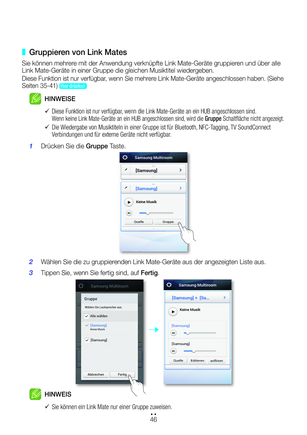 Samsung WAM270/EN manual Gruppieren von Link Mates, 99Sie können ein Link Mate nur einer Gruppe zuweisen 