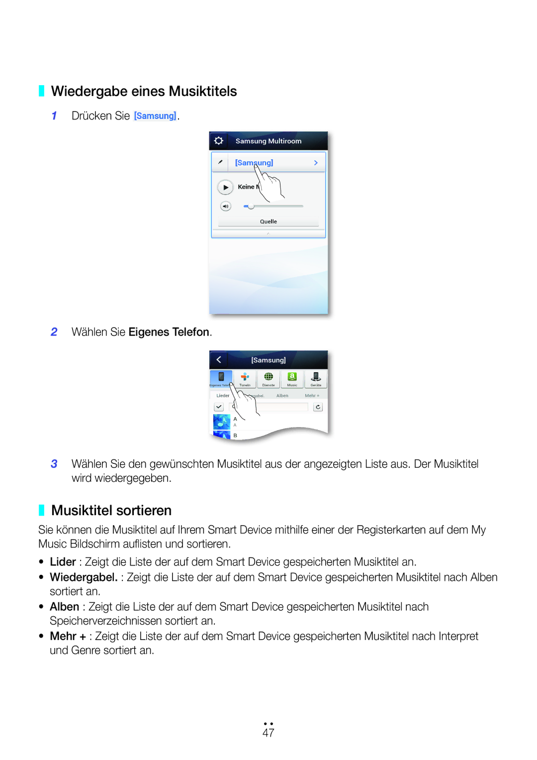 Samsung WAM270/EN manual Wiedergabe eines Musiktitels, Musiktitel sortieren 