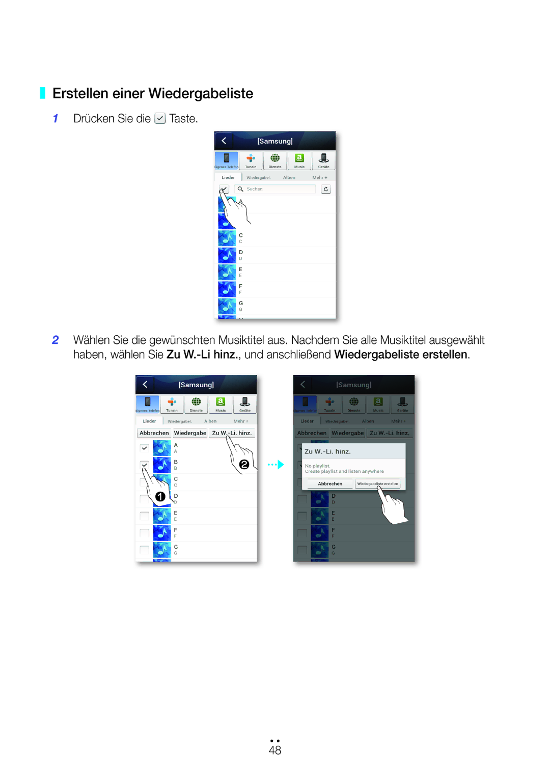 Samsung WAM270/EN manual Erstellen einer Wiedergabeliste, Drücken Sie die Taste 