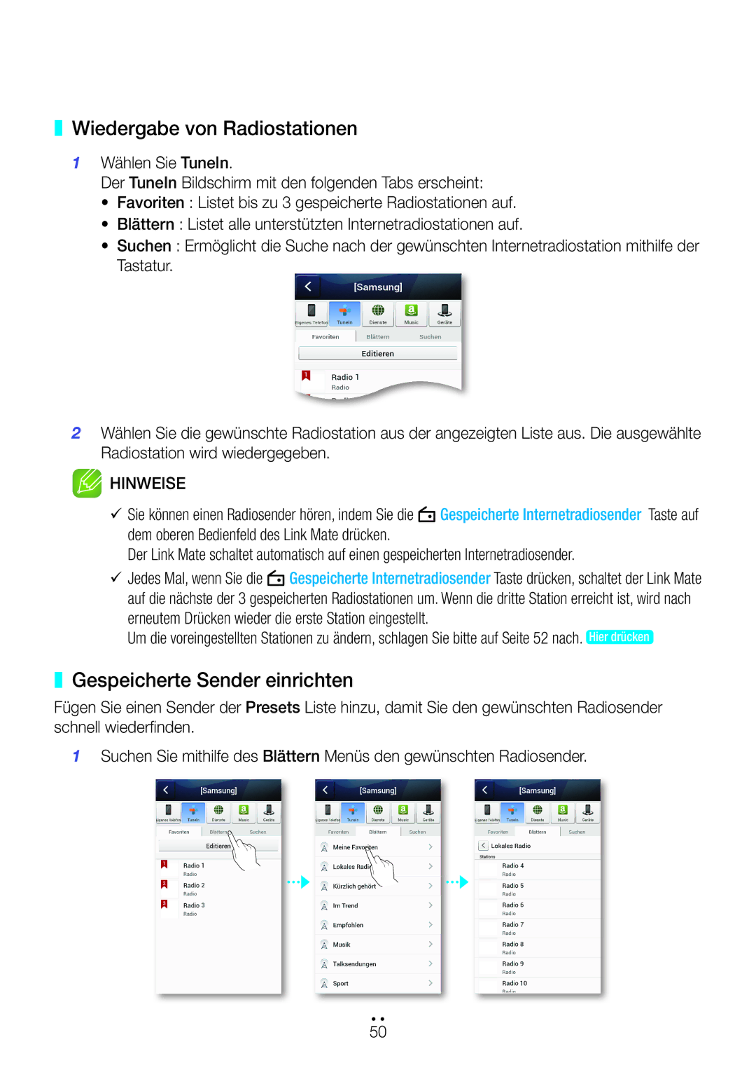 Samsung WAM270/EN manual Wiedergabe von Radiostationen, Gespeicherte Sender einrichten 