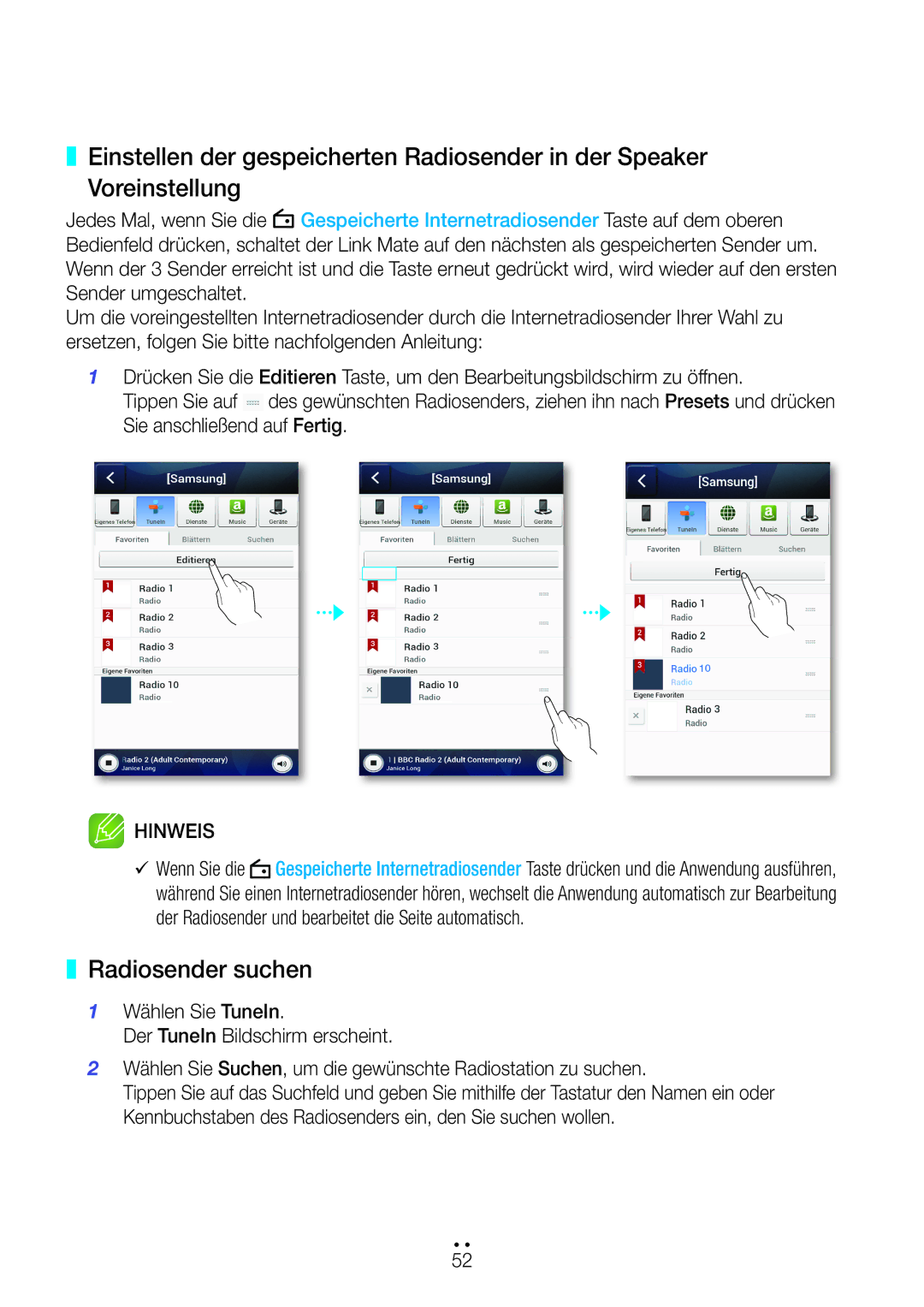 Samsung WAM270/EN manual Radiosender suchen, Sie anschließend auf Fertig 