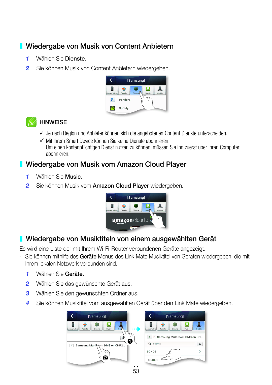 Samsung WAM270/EN manual Wiedergabe von Musik von Content Anbietern, Wiedergabe von Musik vom Amazon Cloud Player 